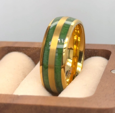 Green Jade wood Inlay Band Gold Plated Tungsten Wedding Ring Christmas Gift Ring