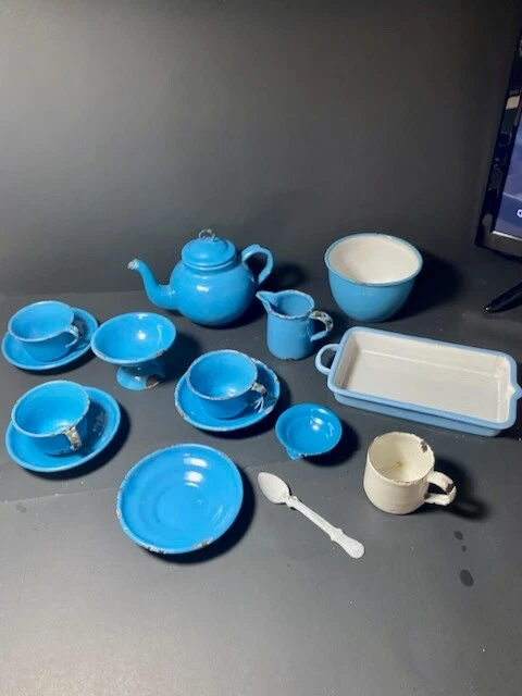 36 PIEZAS JUGUETE ANTIGUO PARA NIÑOS ESMALTADO GRANITO JUEGO DE TÉ UTENSILIOS PARA HORNEAR OLLAS SARTENES Foto 2 de 4