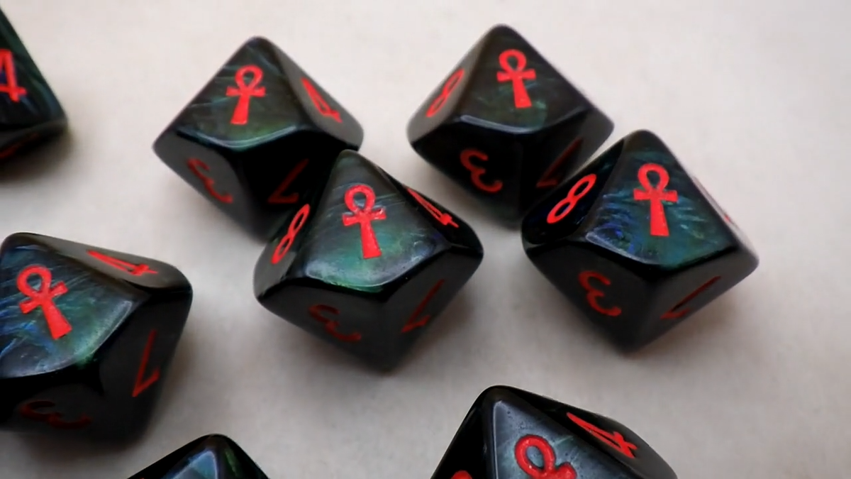 Ankh - 10D10 (Ten Ten-Sided) 16mm Dice Set Scarab Jade with Red