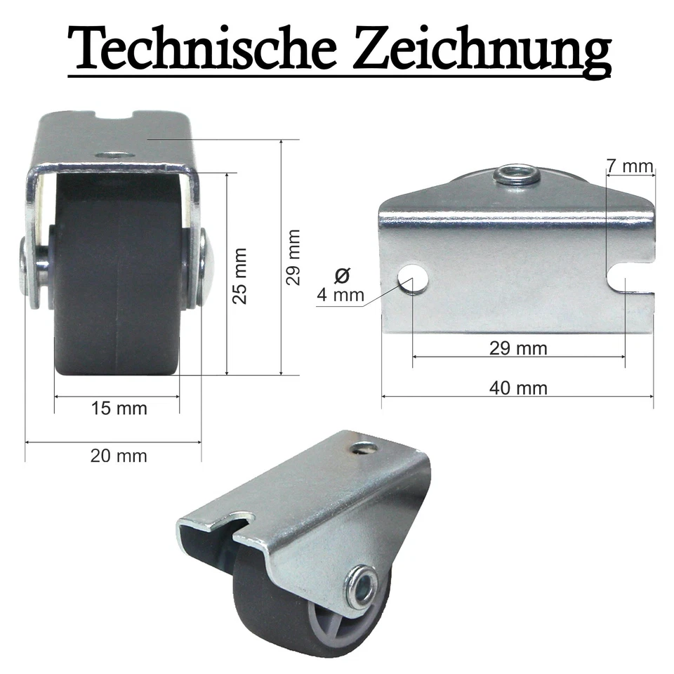 Kastenbockrollen Möbelrolle Bockrollen Laufrollen Transportrollen 25mm x 4 STÜCK - Bild 2 von 4