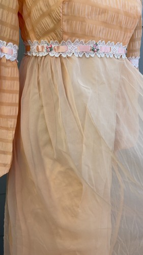 vtg 60s 70s peach orange bishop sleeve lace & floral embroidered hostess dress - Picture 11 of 21