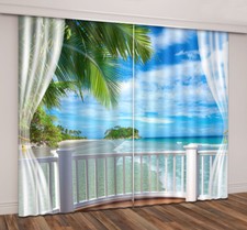 Tropical Beach Palm Scenery 3D Blockout Drapes Fabric Printing Window Curtains