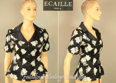 ESCAILLE Paris France Navy White Floral Lace Satin Peplum BLAZER JACKET 38
