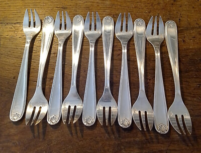 10 CHRISTOFLE SILVER METAL DESSERT OR CAKE FORKS SHELL MODEL