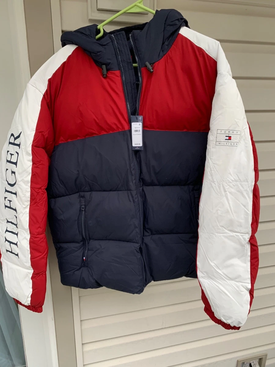 Tommy Hilfiger Colorblocked Hooded Puffer Jacket Red White Blue