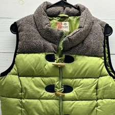 RuffHewn Puffer Vest Women Lrg Green Brown Toggle Wool Mix Excellent Herringbone