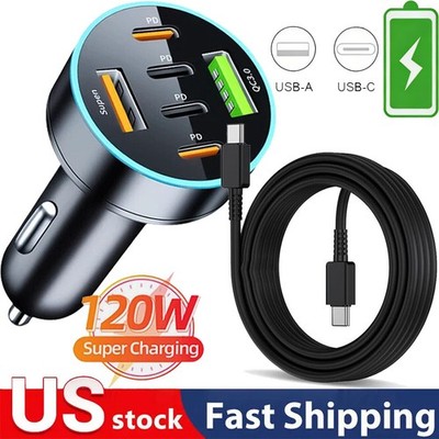 120W Fast Car Charger 6 Port Adapter & Cable For iPhone 17 16 15 14 13 X Pro Max