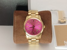 Michael Kors MK-5801 Runway Gold Tone Pink Dial 38mm Women  s Watch Working