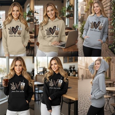 Womens Long Sleeve Oversized Hooded Sweatshirt PEACE LOVE COFFEE Print Hoodie