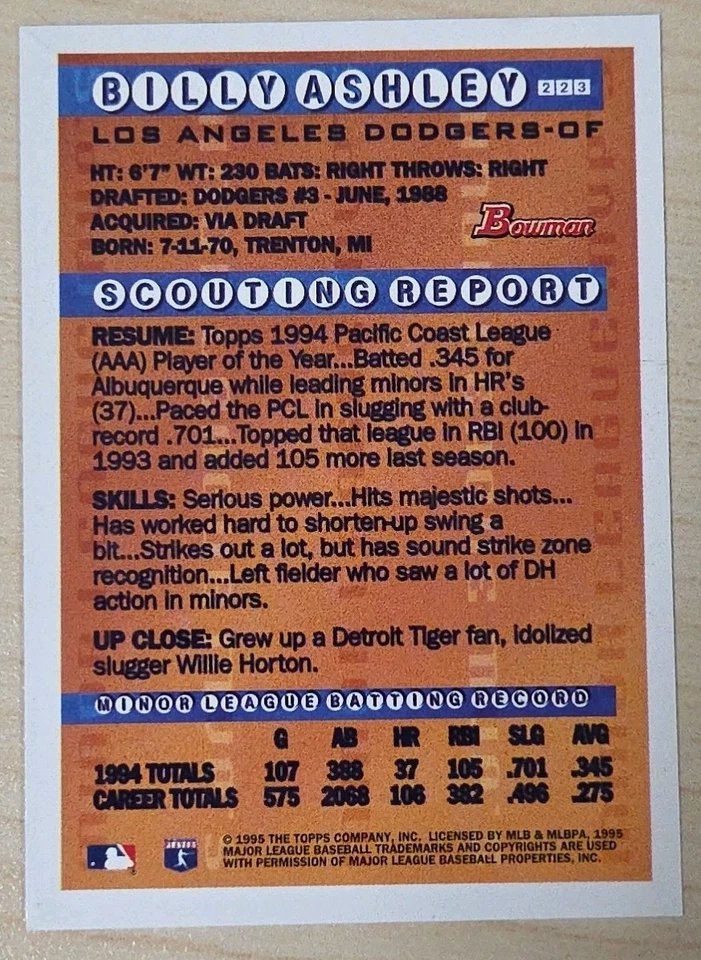 1995 Bowman #223 Billy Ashley Gold Foil Parallel Los Angeles Dodgers Prospect - Image 2 of 2