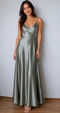 Birdy Grey Satin Maxi Gown S Sage Green V-Neck Bridesmaid Dress FLAW