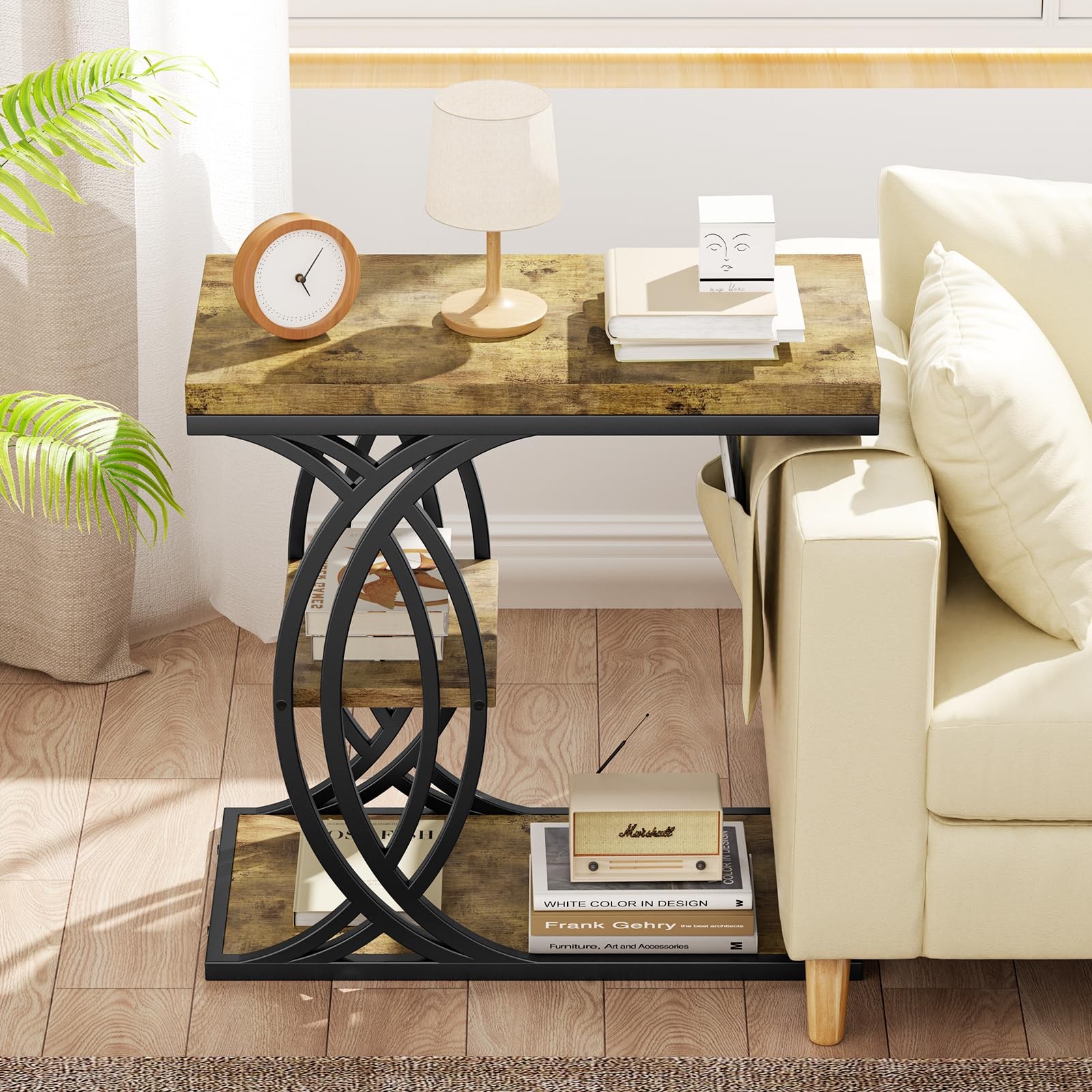 Shaped End Table, Bed Side Table, 3-Tier Side Table with Metal Frame, Wood En...