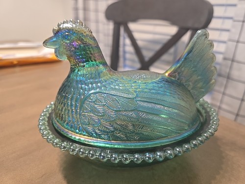 Vintage Indiana Glass Blue Iridescent Carnival Glass Hen on Nest Candy Dish 7"