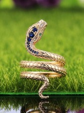 Yellow Gold Snake Ring With Blue CZ For Women Size 6 7 8 9 10