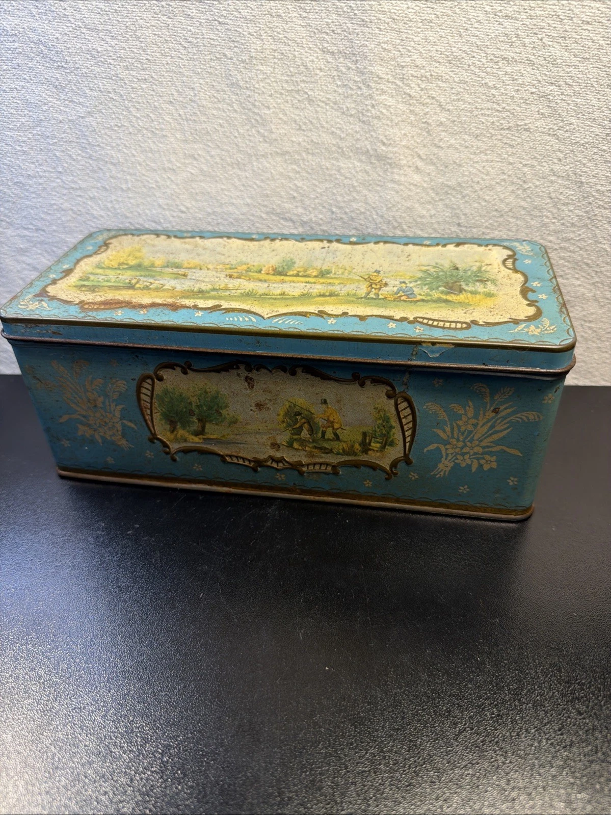Vintage 1950s W&R Jacob & Co Sylvan Biscuit Tin Aqua Blue River Fishing Scene