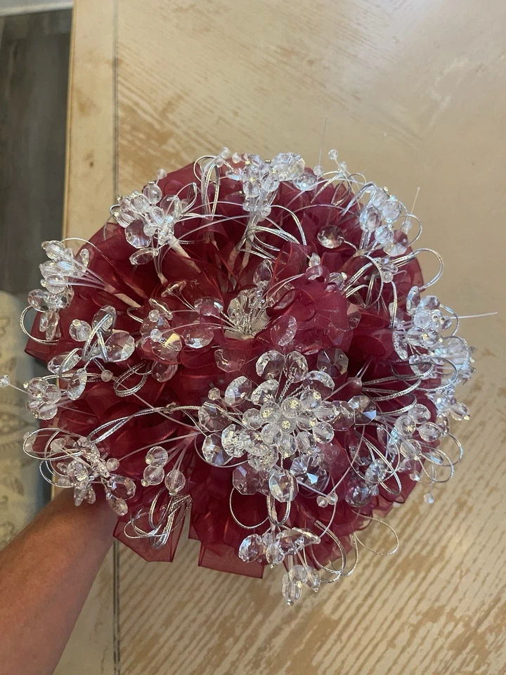 Burgundy/ Maroon Ramo Quinceañera Ribbon/ Clear Crystals / Beads Bouquet - Image 2 of 4