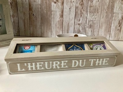 Holz Teedose Die Stunde für Tee Französisch Shabby Chic Grau Grau Geschenk 4 Fächer