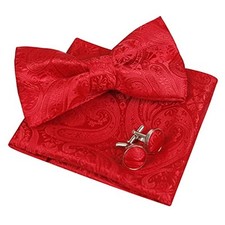 Mens Paisley Bow Tie, Pocket Square, Cufflinks Set 028-red