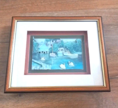 Vintage 3D effect White Swans and Cruiser Boats on the River Picture framed