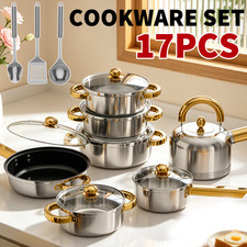 17PCS Induction Non Stick Stainless Steel Cookware Cooking Pot Pan With Lids Set