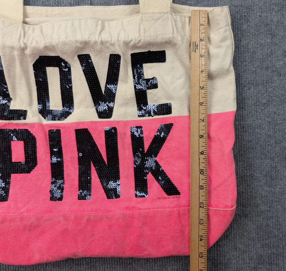 Bolsa tote de lona vintage Victorias Secret Love rosa lantejoulas Y2K Preppy Carryall - Imagem 4 de 4