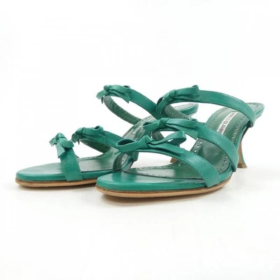 Sandale mule à talon Manolo Blahnik EU:37 US:7 double ruban en cuir vert - Photo 1/4
