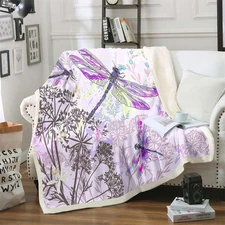 Dragonfly Sherpa Blanket Throw 50x60 Inches Botanical Floral Fleece Throw Bla...
