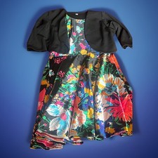 Kids Floral Dress Black Jacket 2 Piece Outfit Set, Long Sleeve