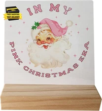 Pink Santa Claus Christmas Wooden Desk Sign Decor, Preppy Trendy in My Pink Chri