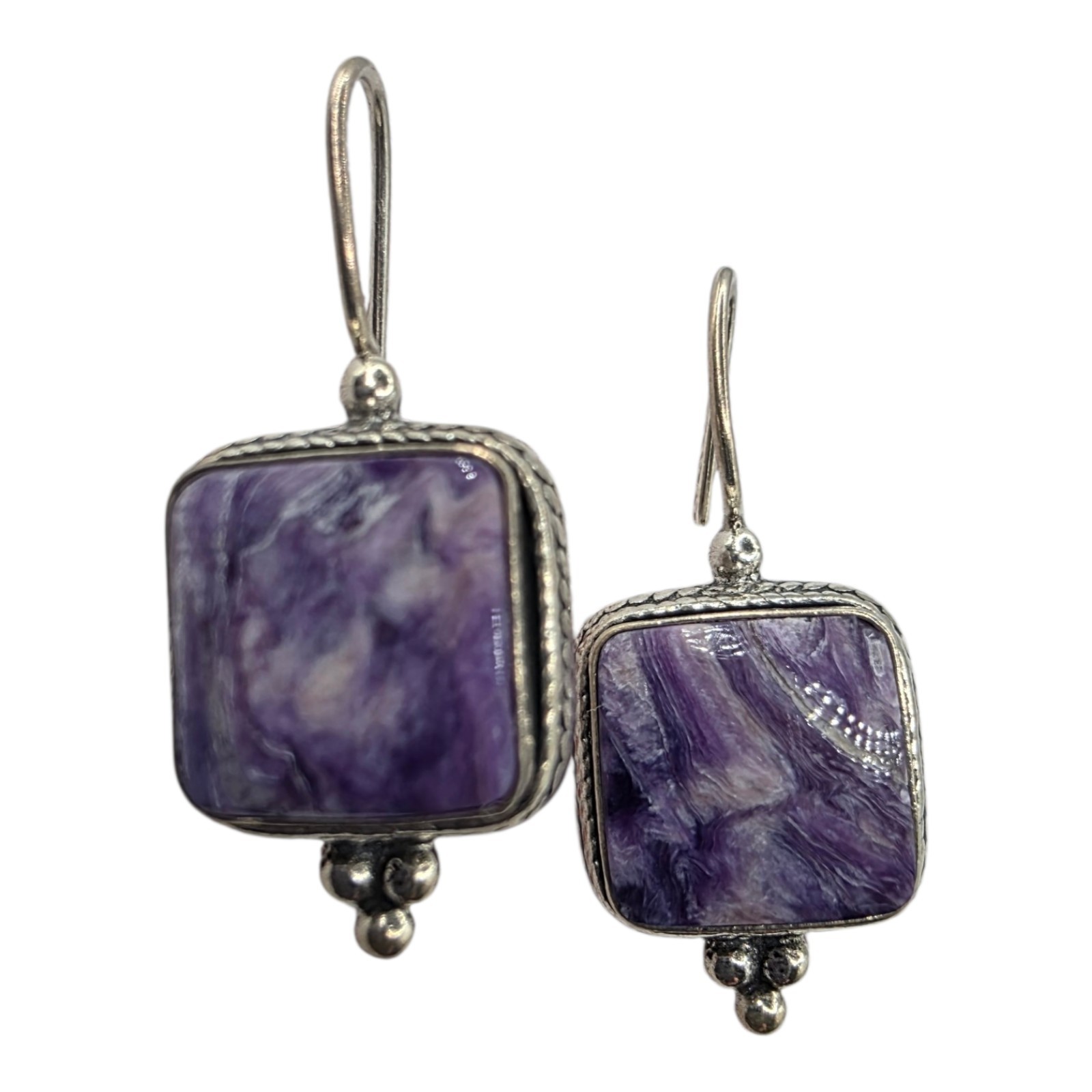 Solid Sterling Silver Charoite Drop Dangle Earrin… - image 2