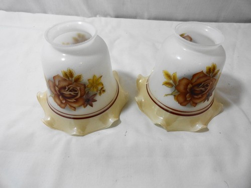Pair Milk Glass Gold Roses Ruffled Ceiling Fan Wall Sconce Light shades - Picture 6 of 6