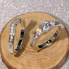 Diamond Bridal Engagement Ring Set Lab Created 2.5Ct Round 14K White Gold Plated