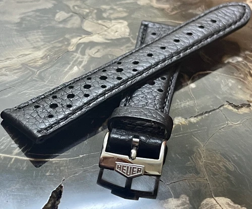 28 SOLD! Heuer Montreal Heuer Autavia 20mm black rally band with Heuer buckle