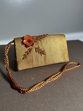 Vintage Gold Clutch Purse Bag Hand Embroidered Flower Mini RARE
