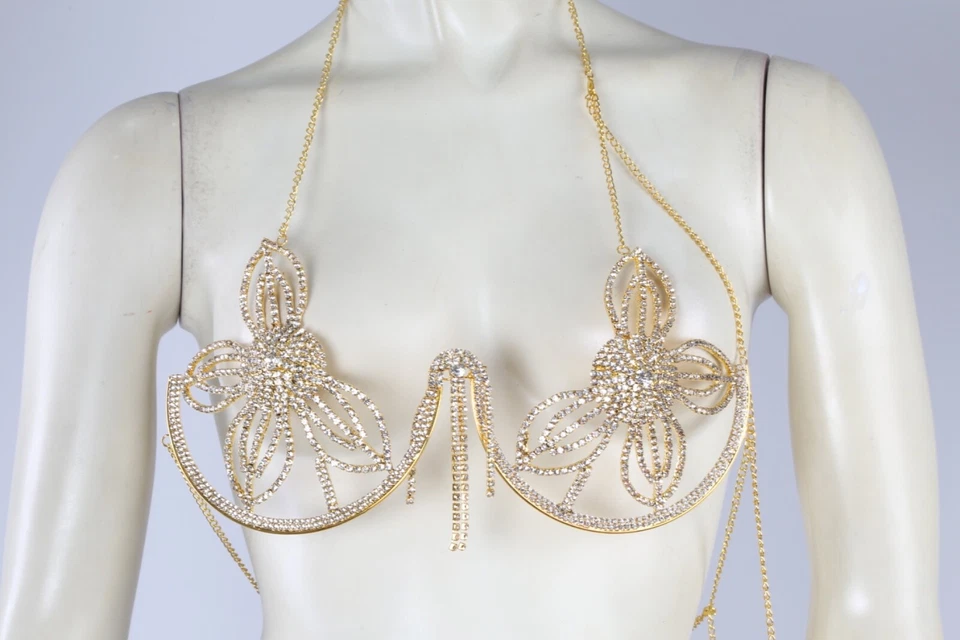 Gold Chain Bracket Chest Metal Rhinestone Flower Harness Tassel Top Bikini Bra - Image 4 of 4
