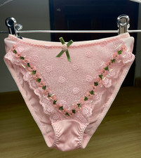 VTG Baby Pink Slippery Nylon Hi Cut Panty Silky Sheer Floral Lace Briefs Sz.5