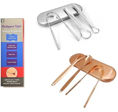 RATTYGAN STYLE 3 Piece Set Tongue Scrapers with Storage/Travel Case