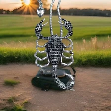 Eclectic Whimsical SILVER BLACK SCORPION SCORPIO Rhinestone Necklace Brooch 