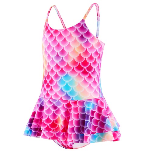 Kids Girls Swimmsuits Fish Scales Print Swimwear Tiered Skirt Bodysuit Mermaid - Picture 8 of 43