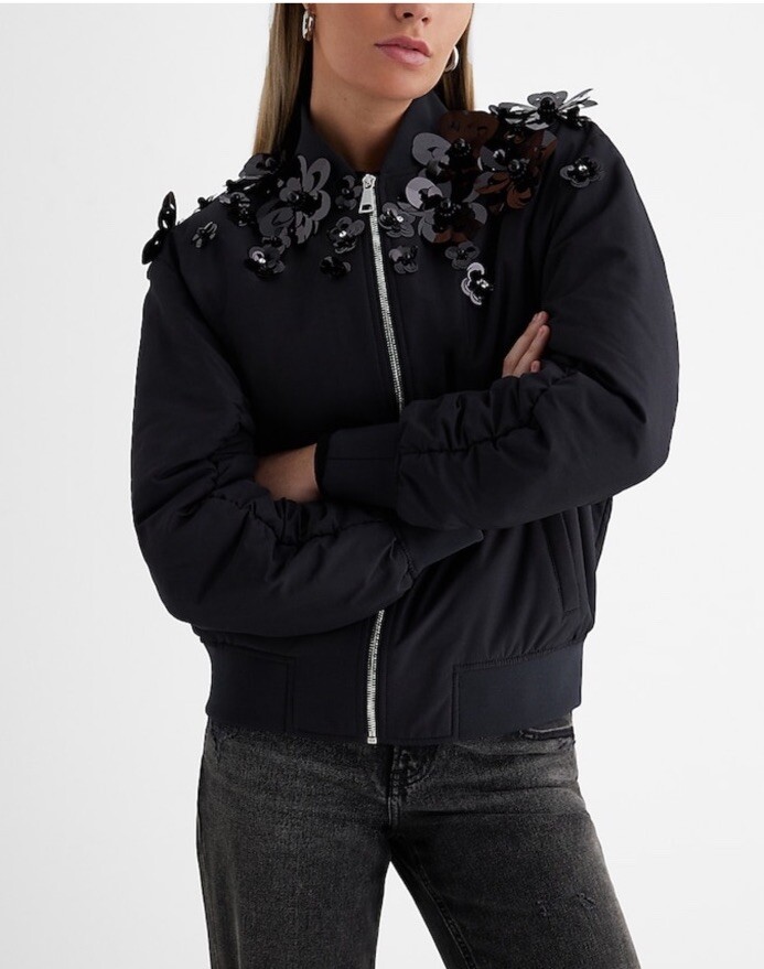 Express Floral Embellished Bomber Jacket Coat Outerwear Black Zip