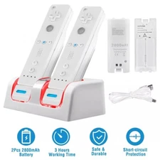 For Nintendo Wii 2 Remote Charging Dock Station + 2 Rechargeable Batteries White