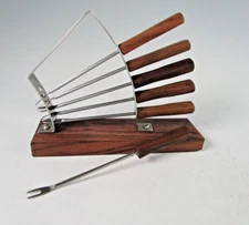 Mid-Century Modern Fondue  Appetizer Forks & Stand Set Stainless Wood 6 pc