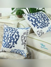 Set of 2 Decorative Throw Pillow Covers 16x16 Blue Gray Embroidered Zipper