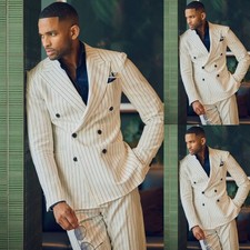 Double Breasted Men's 2Pcs Suits White Striped Wedding Groom Jacket Formal Coat