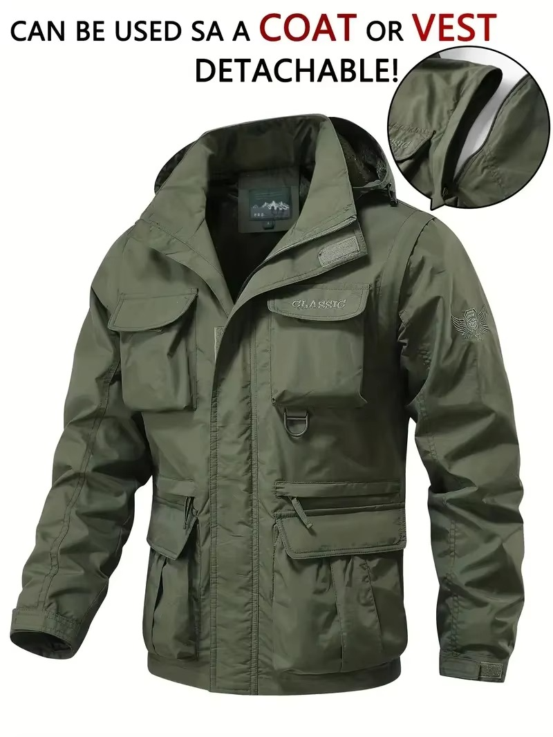 Men's Waterproof Green Windbreaker Hooded Zip-Up Rain Jacket for Outdoor