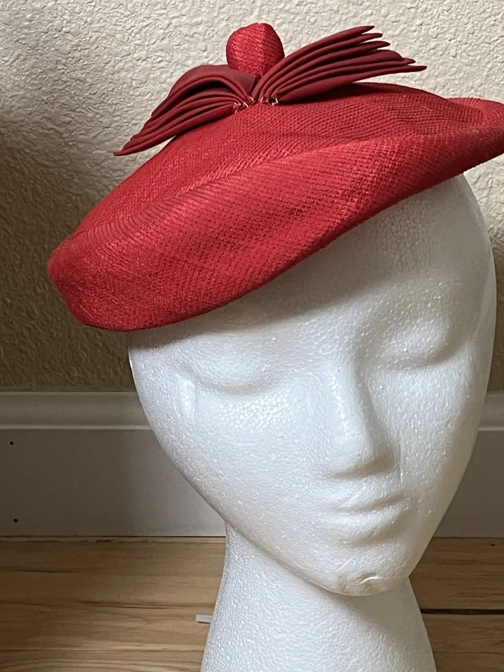I MAGNIN & CO Vintage 1940's RED PANCAKE Hat Ribbon trim inside needs stitches - Image 2 of 4