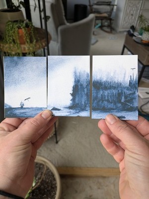 ACEO PRINT of Abstract Dark Fantasy Dragon  Landscape  Watercolor Storyboard 