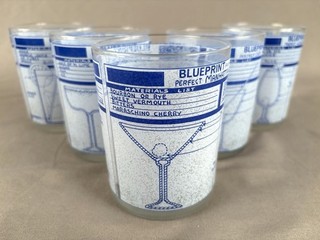 ••Vintage Set of 5 Cera Blueprint Cocktail Recipe Glasses •Mid Century Barware