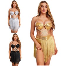 Womens Halter Neck Belly Dance Fringed Dress Sequin Tassel Dress Latin Dancewear