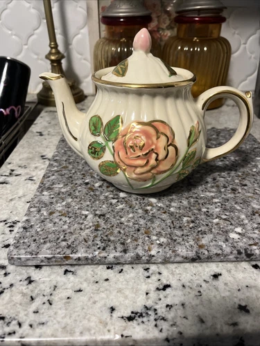 Vintage Shawnee USA Pottery Teapot Embossed Rose Gold MCM